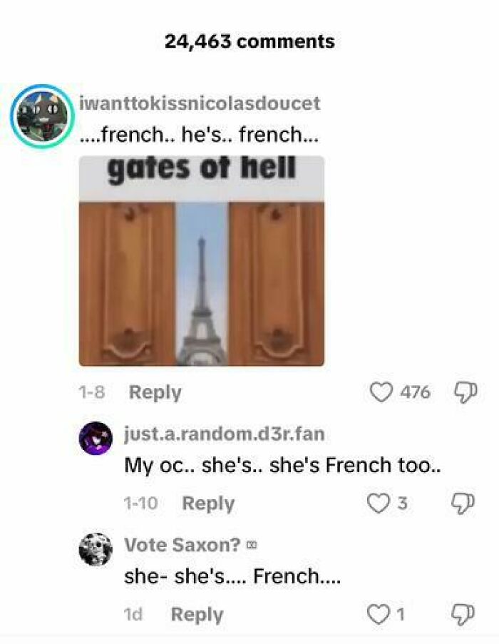 TikTok comments humorously repeating French nationality with an image labeled gates of hell featuring the Eiffel Tower.