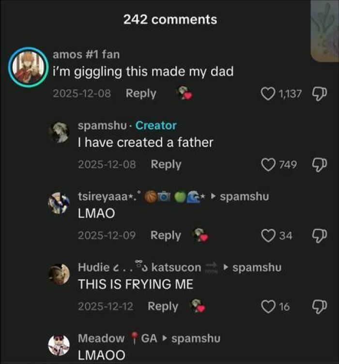 TikTok comments showing funny and unhinged interactions with users laughing and replying creatively.