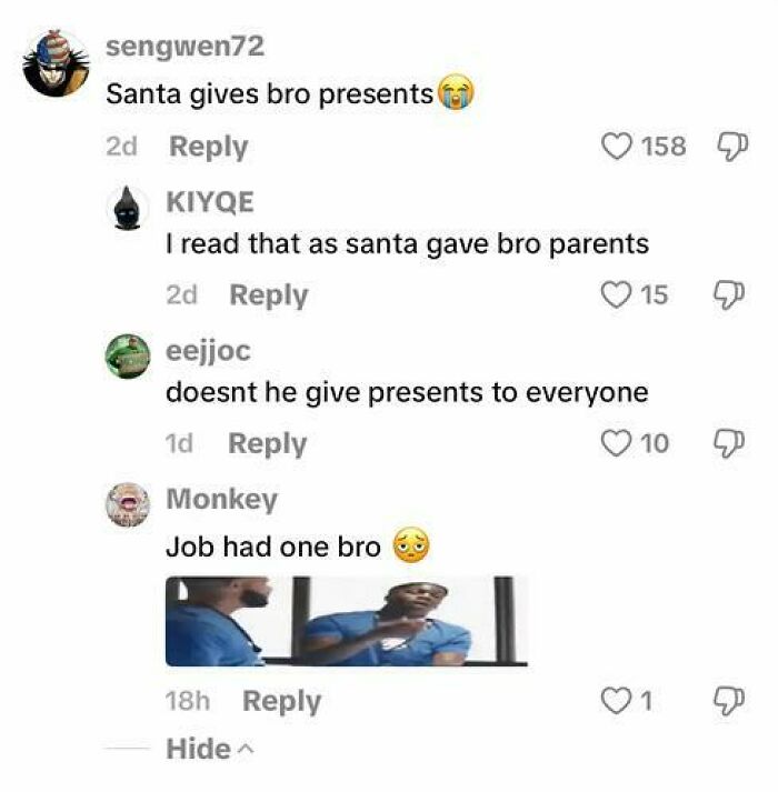 TikTok comments thread showing funny and weird interactions about Santa giving presents with humorous replies.