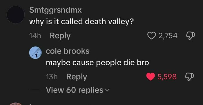 Screenshot of funny TikTok comments discussing why Death Valley is named that, showcasing weird and unhinged humor.