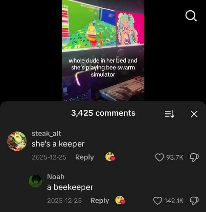 TikTok comments showing a funny exchange about playing Bee Swarm Simulator with thousands of likes.