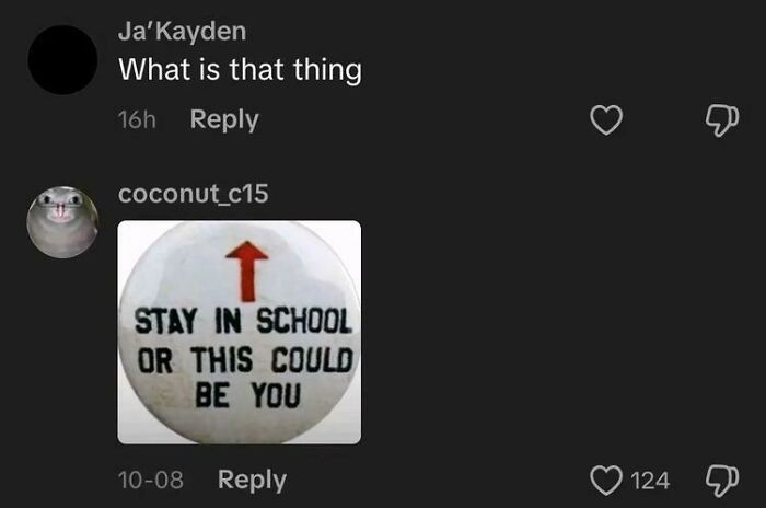 TikTok comment thread with a funny image urging to stay in school, showcasing weird and unhinged TikTok comments.