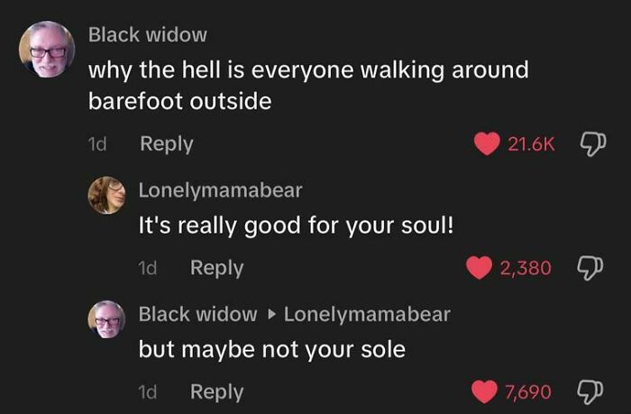 TikTok comments showing a funny exchange about walking barefoot outside with wordplay on sole and soul.