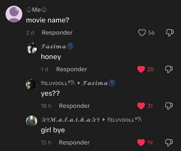 TikTok comments thread showing funny and weird exchanges with likes and replies on a dark background.