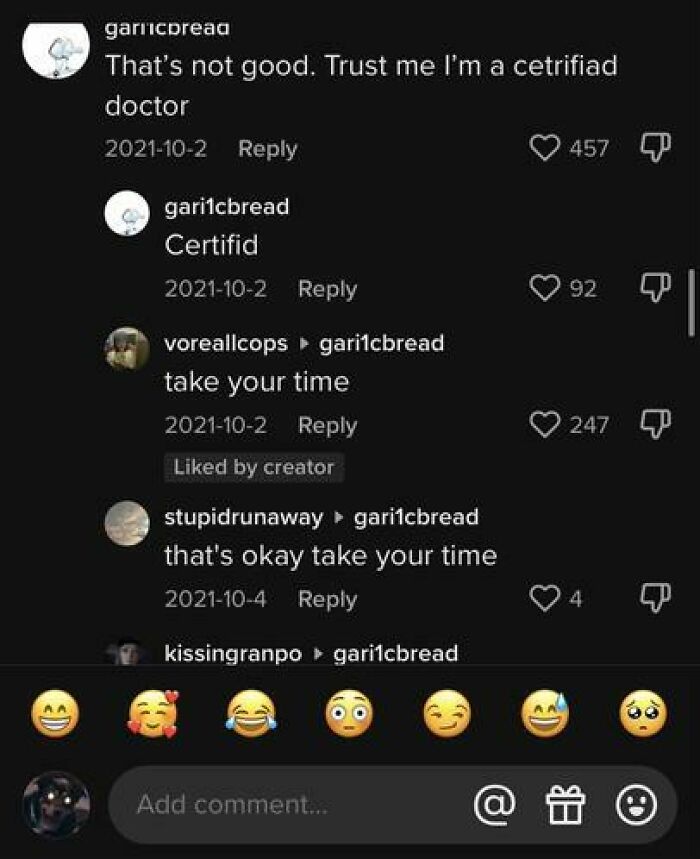 TikTok comments thread showing funny, weird, and unhinged interactions with playful misspellings and reactions.