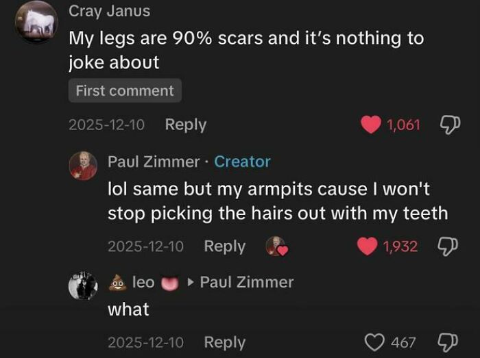 TikTok comments with weird, funny, and unhinged replies about scars and strange habits in a dark mode interface.