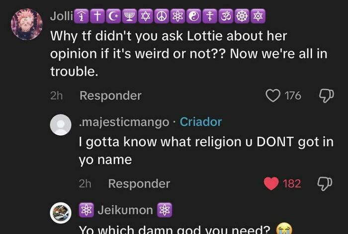 Screenshot of funny and weird TikTok comments with emojis discussing religion and confusion in a humorous thread.