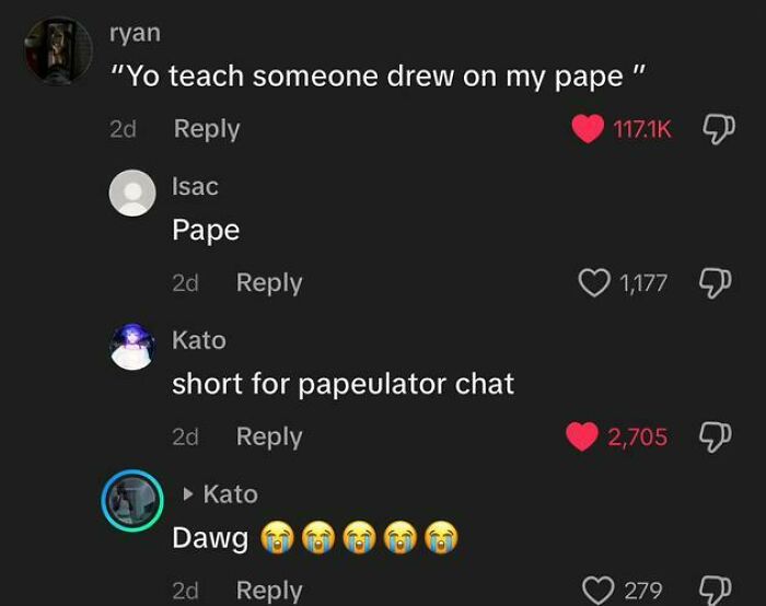 TikTok comments thread showing funny and weird interactions including misspellings and emoji reactions.