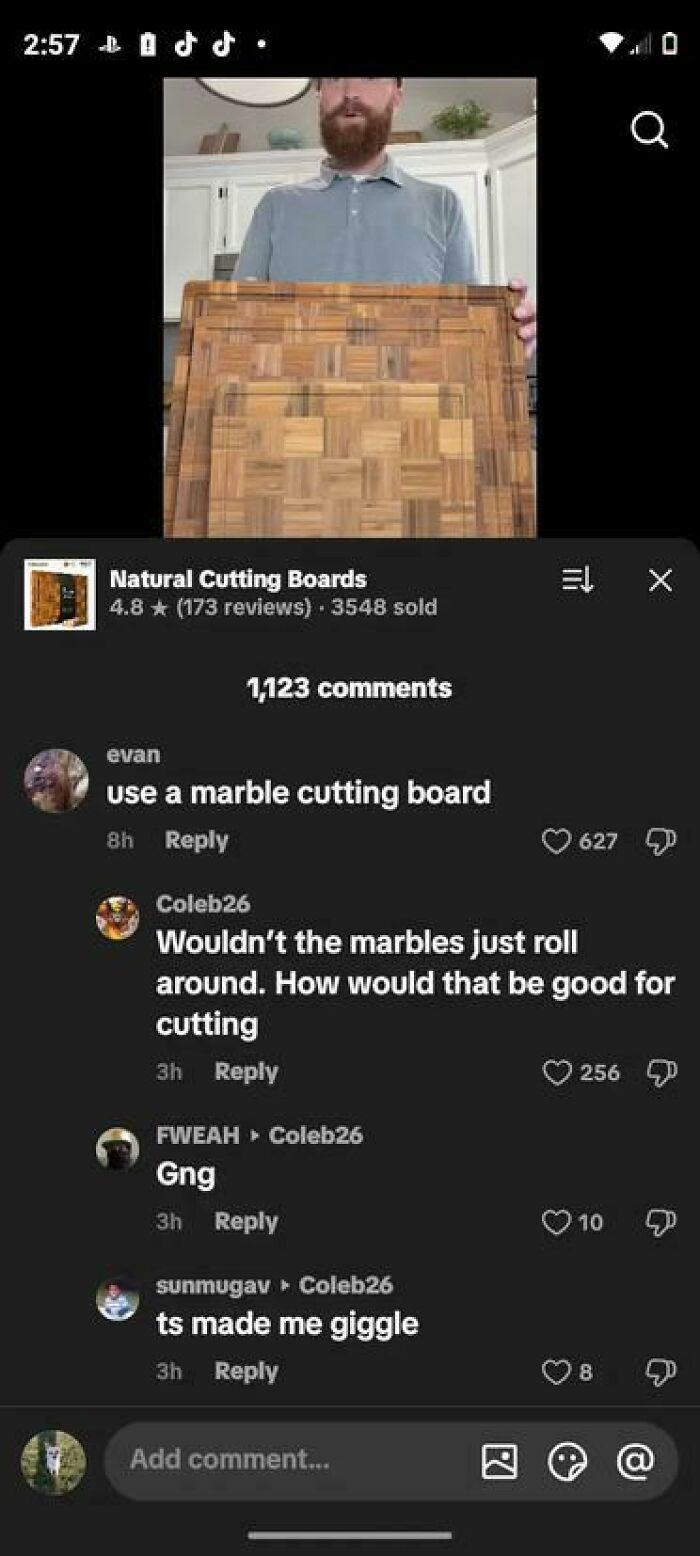 TikTok comments thread showing funny and unhinged replies about using a marble cutting board for chopping tasks.