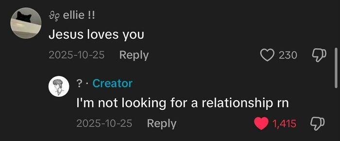 TikTok comment exchange featuring funny and weird responses, highlighting unhinged humor in social media interactions.