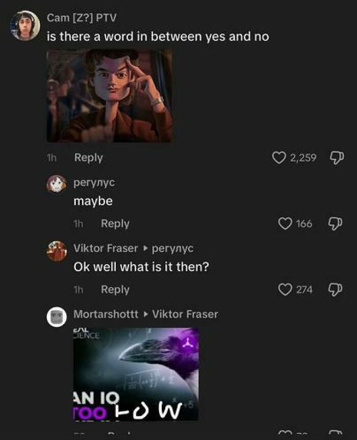 Screenshot of weird TikTok comments thread with humorous replies questioning a word between yes and no.