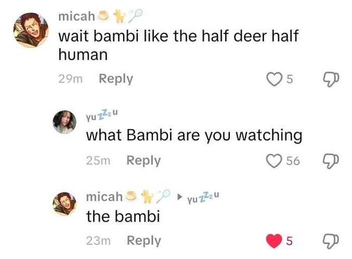 Screenshot of weird and funny TikTok comments discussing the character Bambi in a humorous conversation thread.