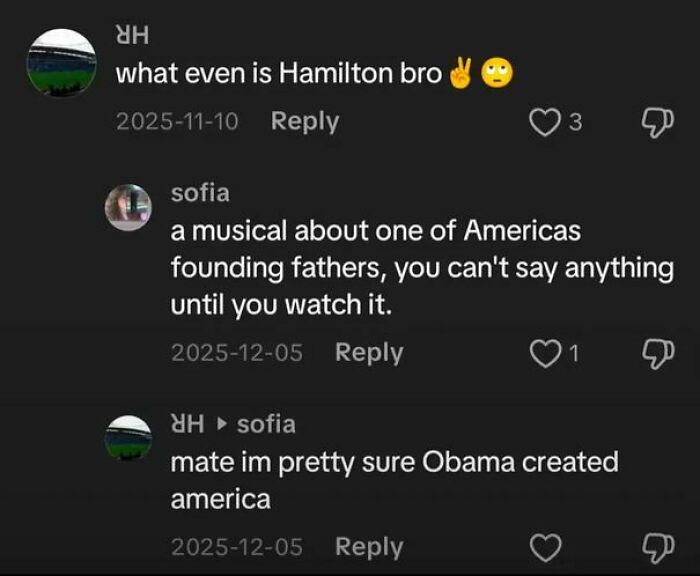Screenshot of funny TikTok comments debating the musical Hamilton and American history with playful confusion.