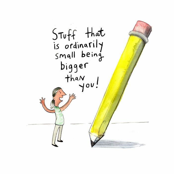 Watercolor comic showing a person admiring super-high ceilings with tall columns, illustrating modern life humor.