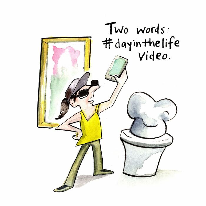 Watercolor comic showing a person admiring super-high ceilings with tall columns, illustrating modern life humor.