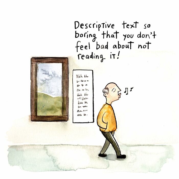 Watercolor comic showing a person admiring super-high ceilings with tall columns, illustrating modern life humor.