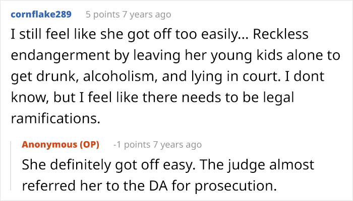 Screenshot of a Reddit conversation discussing a woman&rsquo;s award winning act in court and legal consequences.