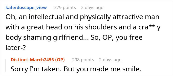 Screenshot of an online discussion about a woman demanding her swimmer boyfriend resembles her friend&rsquo;s partner.