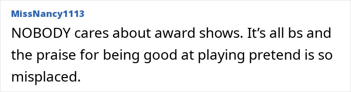 User comment expressing disdain for award shows, highlighting chaos involving arrogant stars at the 2026 Golden Globes.