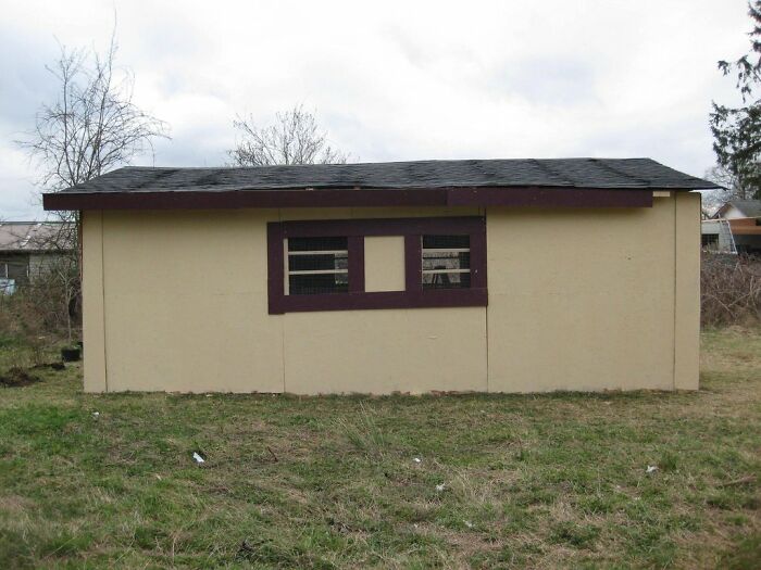 Poorly constructed DIY shed with mismatched window placement and uneven exterior walls, showcasing a clear DIY fail example.