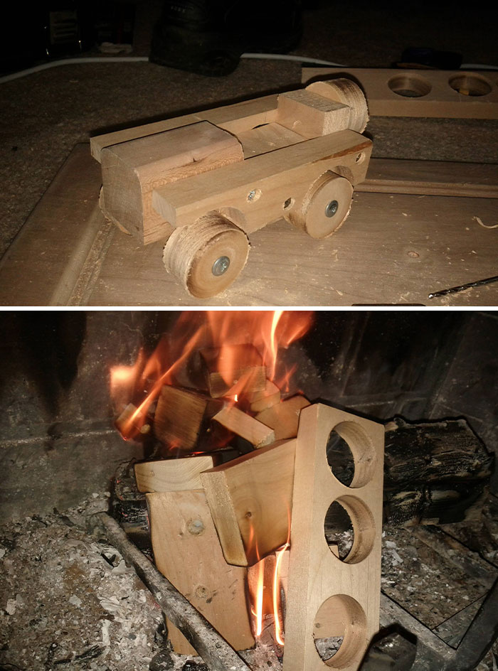Wooden toy truck failed DIY project shown intact and then destroyed in fire, exemplifying poor DIY craftsmanship and failure.