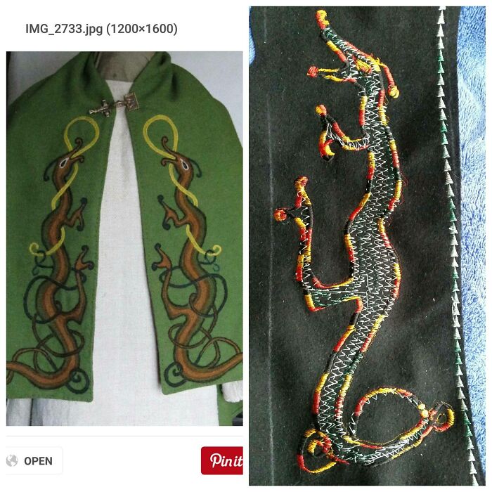 Side-by-side comparison of two embroidered lizard designs showcasing a DIY craft fail with stitching and detailing.
