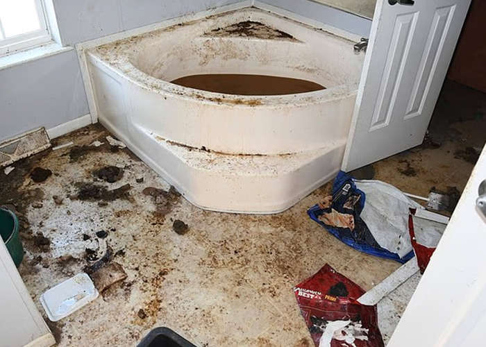 Dirty, abandoned mobile home bathroom with mold and debris on the floor showing neglect from horrific situation.