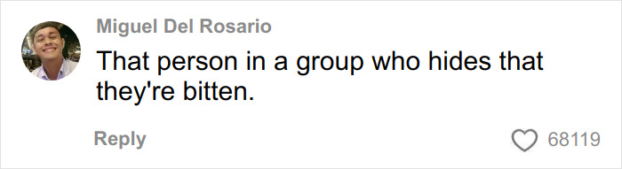 Screenshot of a social media comment referencing someone hiding that they are bitten, related to toasted skin syndrome.