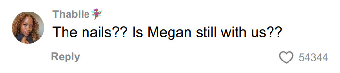 Social media comment questioning Megan&rsquo;s nails, highlighting engagement with trending Heated Skin Syndrome discussions.
