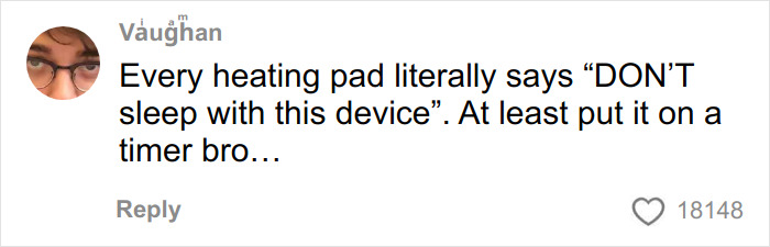 Comment highlighting warning on heating pad use to avoid toasted skin syndrome and related skin damage risks.