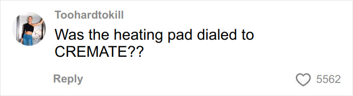 TikTok comment questioning heating pad settings in viral video showing body effects of toasted skin syndrome.