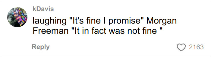 Comment by kDavis showing text about laughing and quoting Morgan Freeman about not being fine, with 2163 likes.