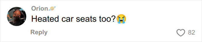 Screenshot of a social media comment asking about heated car seats with a crying emoji, related to toasted skin syndrome.