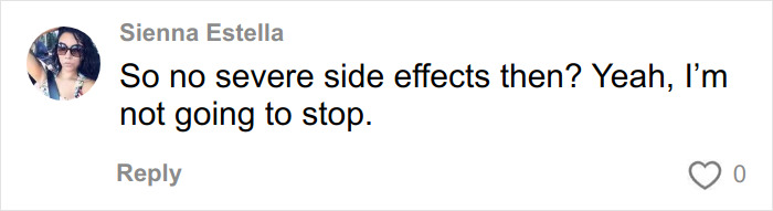 Comment by Sienna Estella discussing no severe side effects and intention to continue use related to toasted skin syndrome.