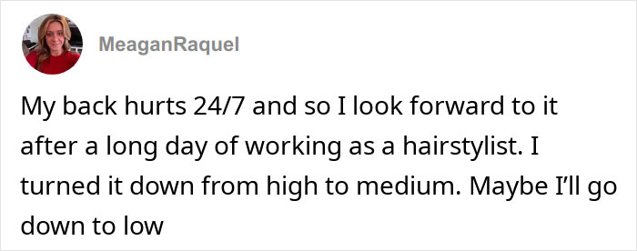 Screenshot of a social media post where a woman describes using a heating pad for back pain and mentions toasted skin syndrome.