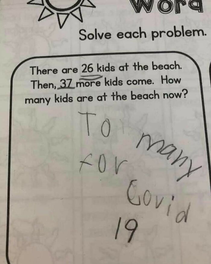 Child’s math worksheet showing a word problem about kids at the beach with an answer referencing living in a dystopia.