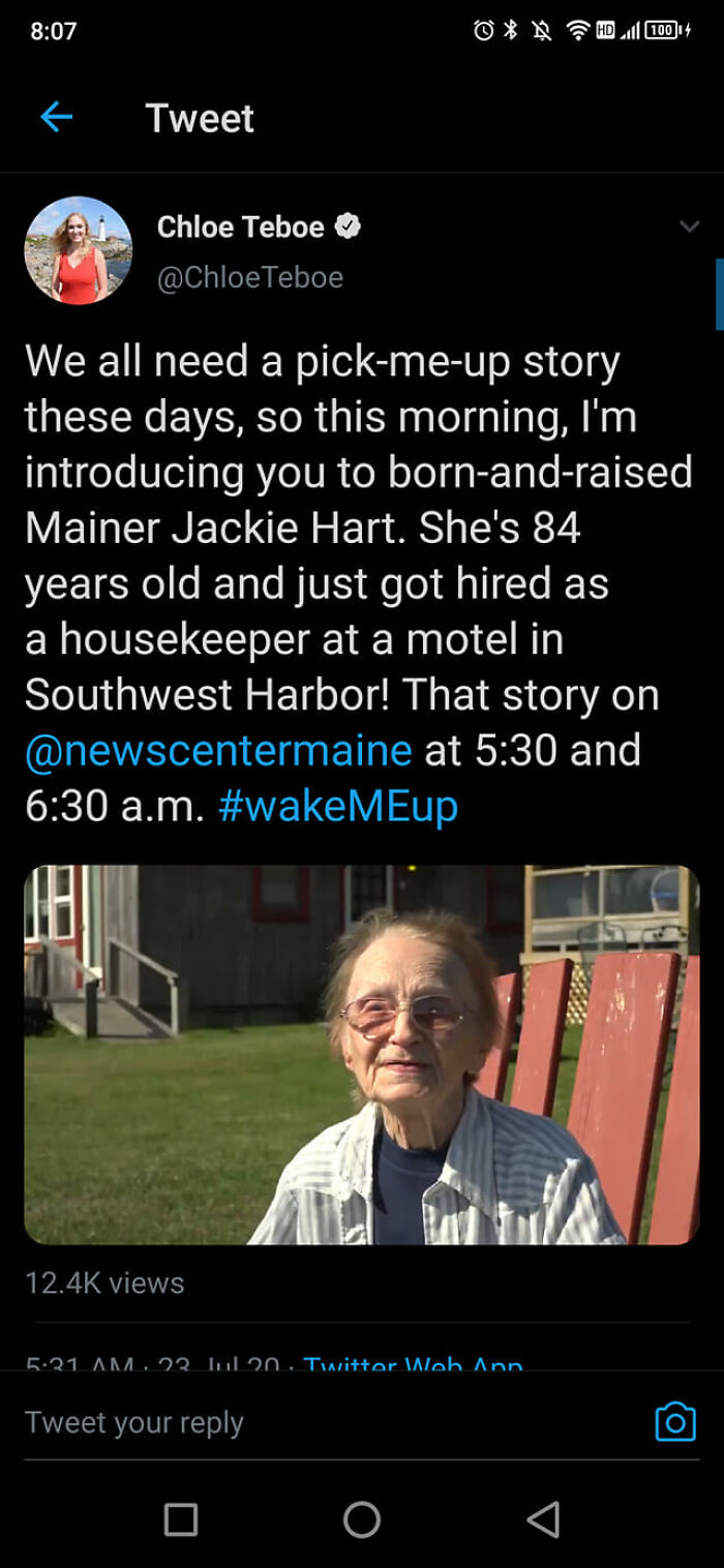 Screenshot of a tweet about an 84-year-old hired as a housekeeper, reflecting themes of living in an actual dystopia.