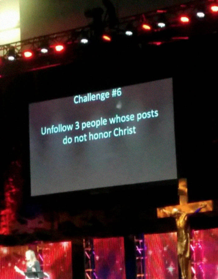 Church presentation slide with challenge text about unfollowing posts, illustrating social media in a dystopia.