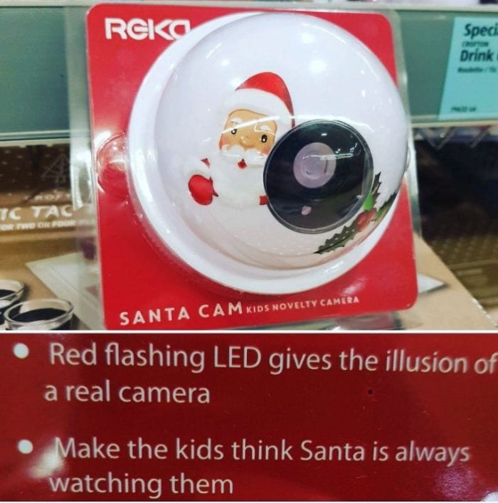 Santa cam novelty camera with red flashing LED to make kids think Santa is always watching in a dystopian world concept.