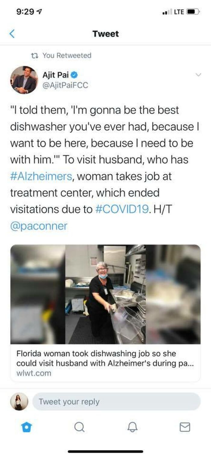 Tweet showing woman working as dishwasher to visit husband during COVID-19, illustrating life in an actual dystopia.
