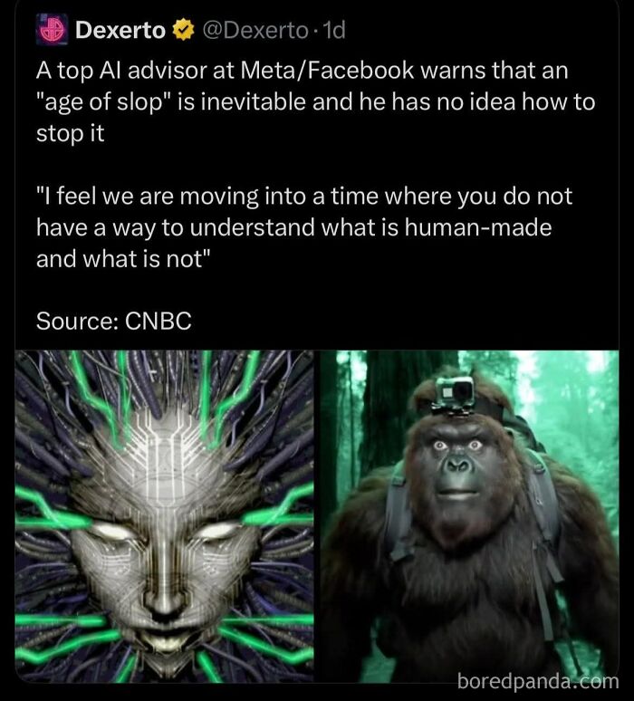 Tweet from Dexerto warning about an inevitable age of AI and dystopia, accompanied by futuristic and ape images.