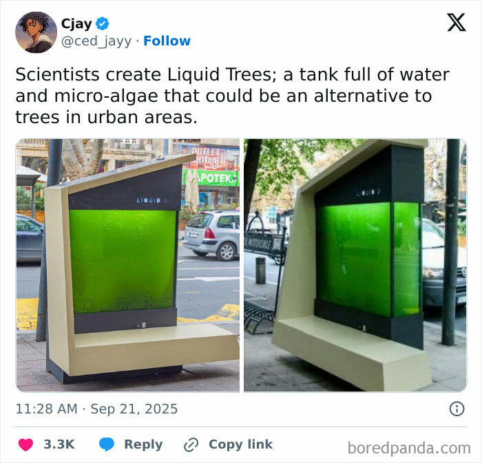 Tank filled with micro-algae called Liquid Trees, a potential urban alternative to natural trees in a dystopian setting.