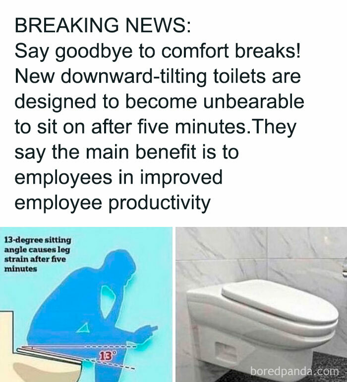 Image showing new downward-tilting toilets designed to increase employee productivity, illustrating dystopia and discomfort.