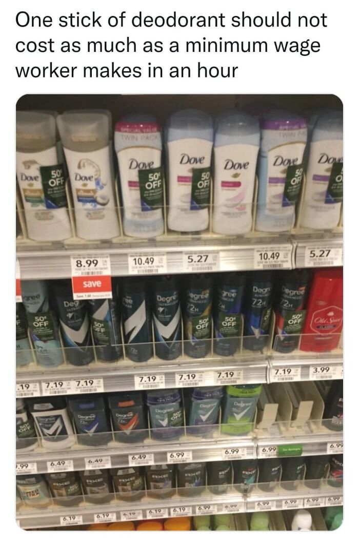 Shelf of deodorants with price tags showing many cost more than a minimum wage worker’s hourly pay in a dystopia reality.