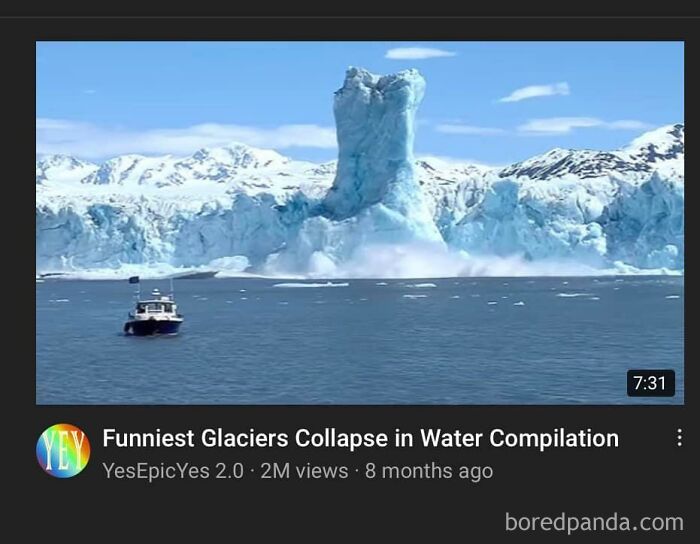 Boat near collapsing glacier ice in water showing signs of a dystopia with environmental changes and glacier collapse.