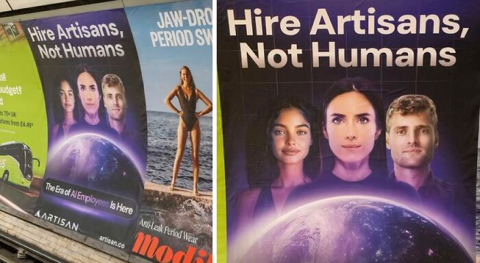 Poster with the phrase Hire Artisans Not Humans over images of three people and a glowing Earth, illustrating dystopia concept.