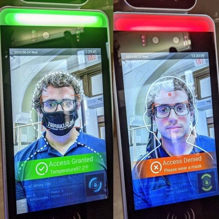 Facial recognition device showing access granted and denied with mask detection, illustrating dystopia technology in daily life.