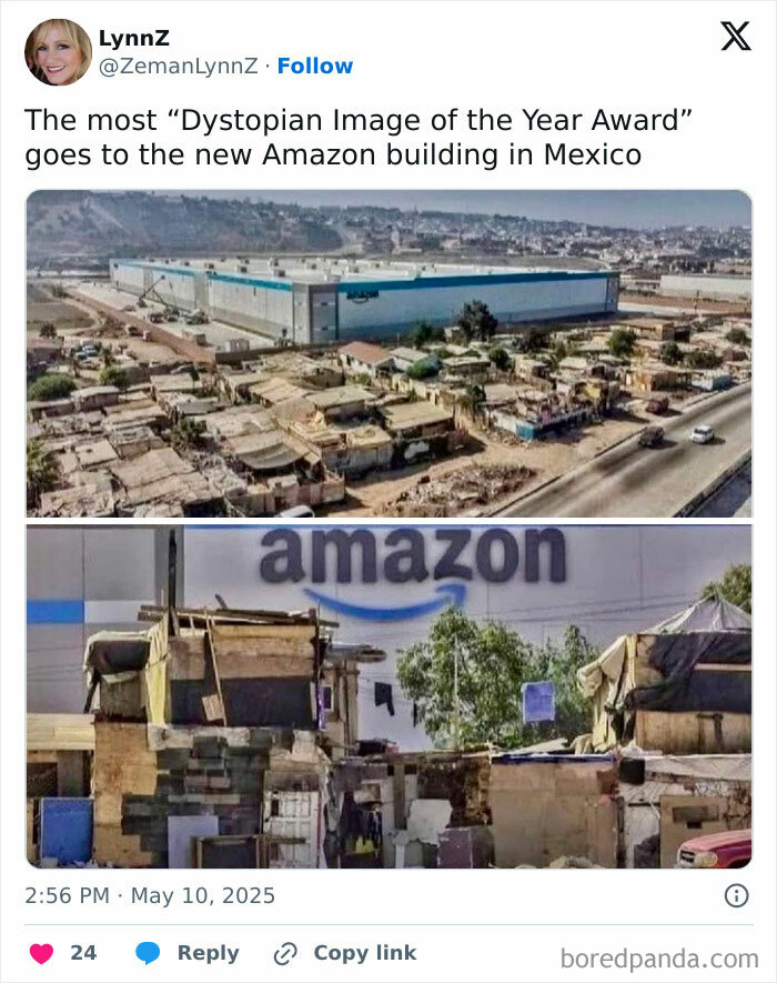 View of a large Amazon building towering over dilapidated housing in Mexico, highlighting a dystopian reality.