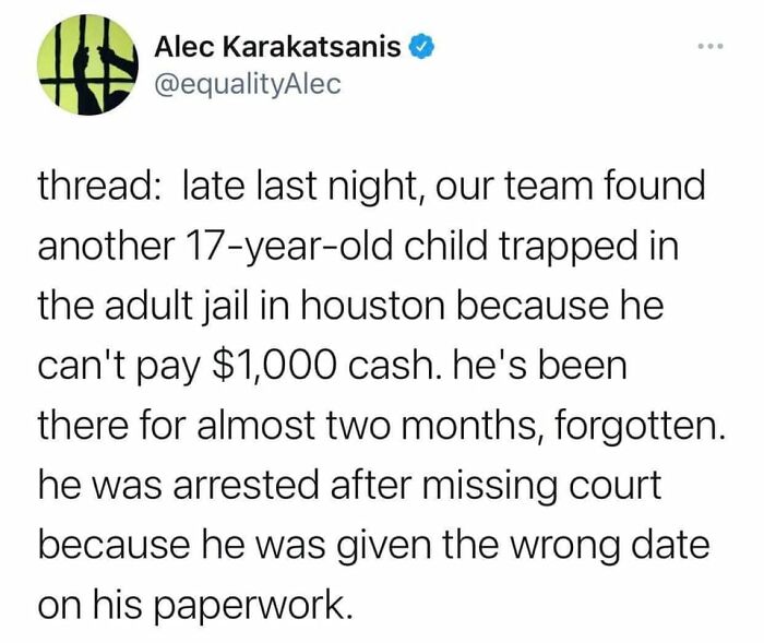 Tweet about a 17-year-old trapped in adult jail highlighting dystopia and injustice in today’s society.