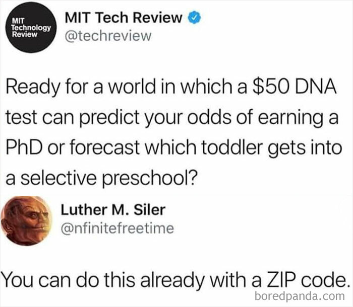 Tweet discussing DNA tests predicting educational outcomes, highlighting dystopia and societal inequalities with a ZIP code comparison.
